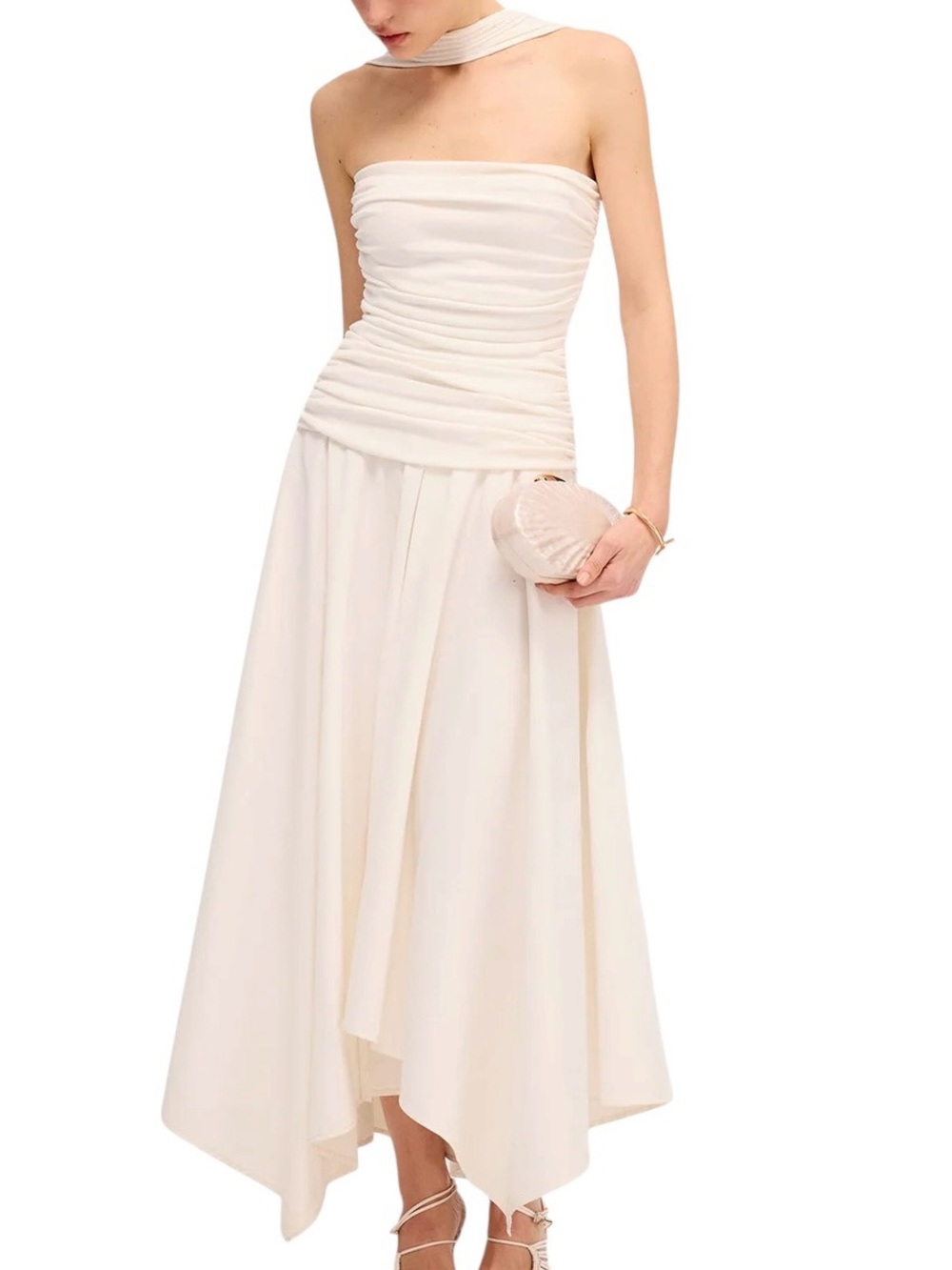 Commense White Asymmetrical Hem Ruched Halter Midi Dress NWT Small